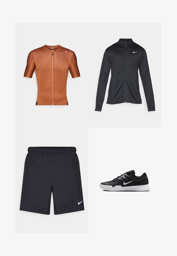 Veste de sport noire à manches longues, avec col et fermeture éclair intégrale. Présente un logo Nike subtil en blanc sur le côté supérieur gauche de la poitrine. Texture lisse.; Maillot de cyclisme à manches courtes en tissu texturé orange brûlé. Dispose d'une fermeture éclair partielle sur le devant et d'un petit logo sur l'épaule.; Shorts de sport noirs en matériau léger avec une taille élastique. Présente un petit logo Nike blanc sur le bas du côté gauche.; Chaussure de sport noire avec une tige texturée, un swoosh blanc de Nike et une semelle extérieure en caoutchouc blanc. Elle présente un design à lacets et une forme dynamique.