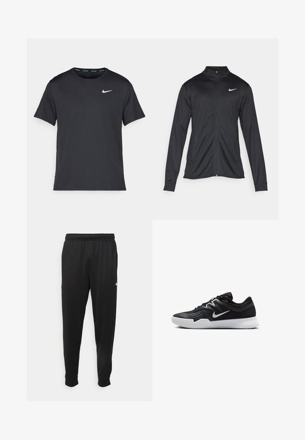 Musta urheilutakki pitkillä hihoilla, kauluksella ja kokonaisella vetoketjulla. Täydentää hienovarainen Nike-logo valkoisena vasemmassa ylärinnassa. Litteä pinta.; Musta Nike juoksupaita, joka on valmistettu kevyestä ja hengittävästä materiaalista. Paidassa on lyhyet hihnat ja pieni valkoinen logo rinnassa.; Mustat urheiluhousut, jotka on valmistettu sileästä kankaasta. Niissä on joustava vyötärö, kapenevat lahkeet ja pieni valkoinen logo vasemmalla puolella.; Musta urheilukenkä, jossa on teksturoitu päällinen, valkoinen Nike-tikkaus ja valkoinen kumipohja. Kenkässä on nauhakuji ja dynaaminen muoto.