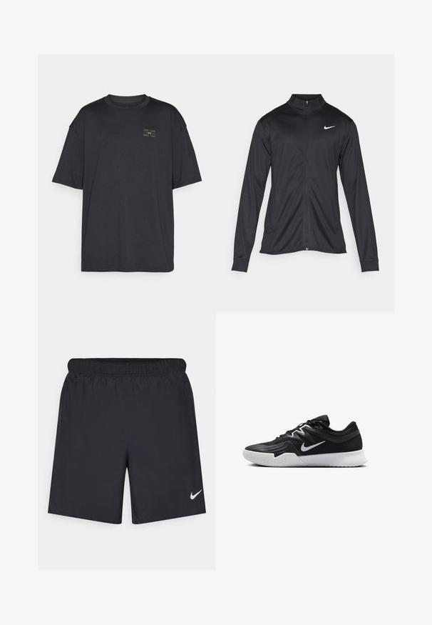 Čierna športová bunda s dlhými rukávmi, golierom a plným zipsom. Obsahuje nenápadné logo Nike v bielej farbe na hornej ľavej hrudi. Hladká textúra.; Čierne tričko s krátkym rukávom vyrobené z hladkej látky, s malým žltým logom na hrudi. Dizajn je vo voľnom strihu s okrúhlym výstrihom.; Čierne atletické šortky z ľahkého materiálu s elastickým pásom. Na dolnej ľavej strane majú malé biele logo Nike.; Čierna športová topánka s textúrovaným zvrškom, bielym logom Nike a bielou gumovou podrážkou. Má šnurovací dizajn a dynamický tvar.