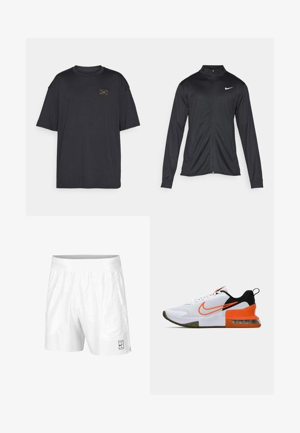 Zwarte sportjack met lange mouwen, kraag en volle rits. Voorzien van een subtiele Nike-logo in het wit op de bovenste linkerborst. Soepele textuur.; Zwarte T-shirt met korte mouwen van gladde stof, voorzien van een klein geel logo op de borst. Het ontwerp heeft een relaxte fit en een ronde hals.; Witte sportshorts gemaakt van lichtgewicht stof met een elastische tailleband, voorzien van twee zijzakken en een klein zwart logo op de zoom.; Witte sportieve schoen met een gestructureerde mesh bovenkant, zwarte en oranje accenten, een dikke rubberen zool en een doorzichtige luchtkussensectie bij de hak.