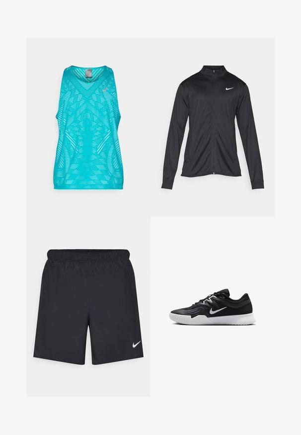Black athletic jacket with long sleeves, collar, and full zipper. Features a subtle Nike logo in white on the upper left chest. Smooth texture.; Lightweight turquoise tank top with a v-neck design, featuring a textured pattern of perforations and contrasting logo detail.; Black athletic shorts made of lightweight material with an elastic waistband. Features a small white Nike logo on the lower left side.; Black athletic shoe with a textured upper, white Nike swoosh, and a white rubber outsole. Features a lace-up design and dynamic shape.