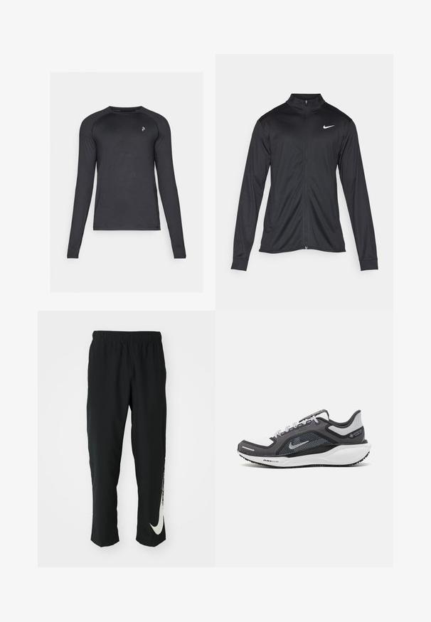 Schwarze Sportjacke mit langen Ärmeln, Kragen und voller Reißverschluss. Verfügt über ein dezentes Nike-Logo in Weiß auf der oberen linken Brust. Glatte Textur.; Peak Performance SPIRIT CREW - Langarmshirt - black; Schwarze Sporthose mit elastischem Bund und taillierter Passform, auf der linken Beinschulter befindet sich ein großes weißes Nike-Logo. Weicher, leichter Stoff.; Schwarzer und grauer Sportschuh mit einem Mesh-Obermaterial, reflektierenden Akzenten und einer weißen Zwischensohle. Verfügt über eine strukturierte Gummisohle und Schnürsenkel.