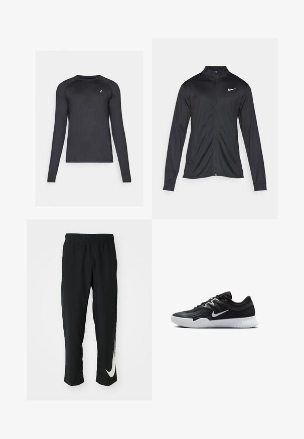 Jacket desportivo preto com mangas longas, colarinho e fecho zip completo. Apresenta um discreto logotipo da Nike em branco na parte superior do lado esquerdo do peito. Textura suave.; Peak Performance SPIRIT CREW - Camisola de manga comprida - black; Calças atléticas pretas com cintura elástica, design afunilado, apresentando um grande logótipo branco da Nike na perna esquerda. Tecido macio e leve.; Sapatilha atlética preta com um cabedal texturizado, swoosh branco da Nike e uma sola de borracha branca. Apresenta um design com atacadores e uma forma dinâmica.