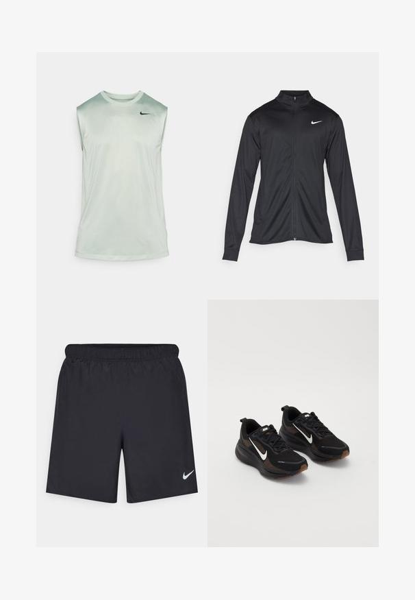 Black athletic jacket with long sleeves, collar, and full zipper. Features a subtle Nike logo in white on the upper left chest. Smooth texture.; Nike Performance TEE RESET - Top - jade horizon/black; Black athletic shorts made of lightweight material with an elastic waistband. Features a small white Nike logo on the lower left side.; Black athletic shoes with a breathable mesh upper, white Nike swoosh, textured sole, and contrasting brown accents. Includes reinforced heel.