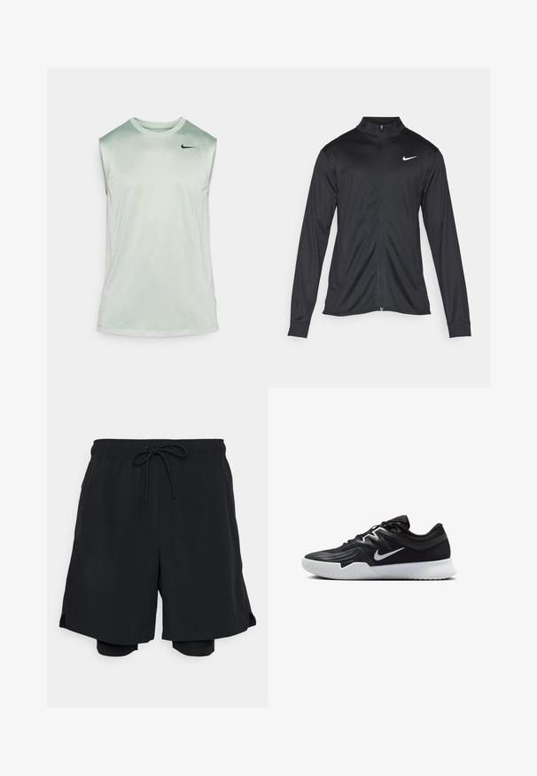 Must värvi sportlik jakk pikkade varrukatega, krae ja täispikk tõmblukk. Ülemises vasakus rinnas on diskreetne valge Nike logo. Sile tekstuur.; Nike Performance TEE RESET - Topp - jade horizon/black; Mustad mustad lühikesed püksid, mis on valmistatud kergest kangast, elastse vöökoha ja reguleeritava nööriga, ning neid sisepükse.; Must mustad jalanikesad rikaste ülaservaga, valge Nike swoosh'i ja valge kummist välispõhjaga. Omab paeltega sulgemisdetaili ja dünaamilist kuju.