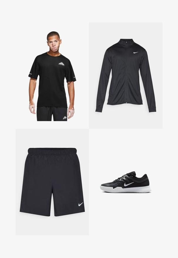 Fekete sportdzseki hosszú ujjal, gallérral és teljes cipzárral. Diszkrét fehér Nike logóval az upper bal mellen. Sima textúra.; Nike Performance SOLAR CHASE - Sportfelső - black/white; Fekete sportnadrág könnyű anyagból, rugalmas derékkal. A bal alsó oldalon egy kis fehér Nike-logó található.; Fekete sportcipő texturált felsőrésszel, fehér Nike logóval és fehér gumitalppal. Fűzős kialakítással és dinamikus formával rendelkezik.