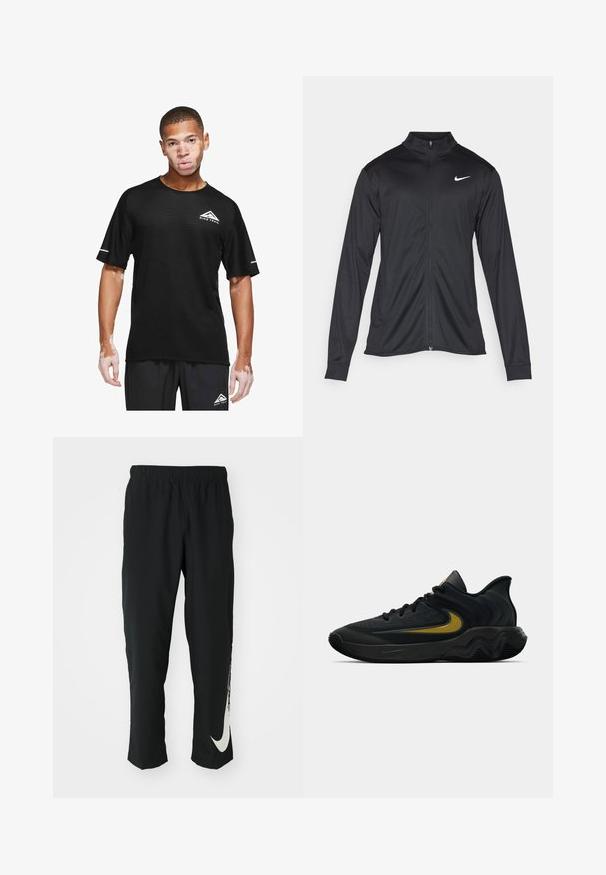 Svart idrettsjakke med lange ermer, krage og full glidelås. Har en subtil Nike-logo i hvitt på øvre venstre bryst. Glatt tekstur.; Nike Performance SOLAR CHASE - T-skjorte til trening - black/white; Svarte treningbukser med elastisk midje, smalere design, med en stor hvit Nike-logo på venstre bein. Myk, lett stoff.; Svart og mørkegrå idrettssko med svarte lisser og gull swoosh-logo, med en bølget såle design og polstret hælkollare.