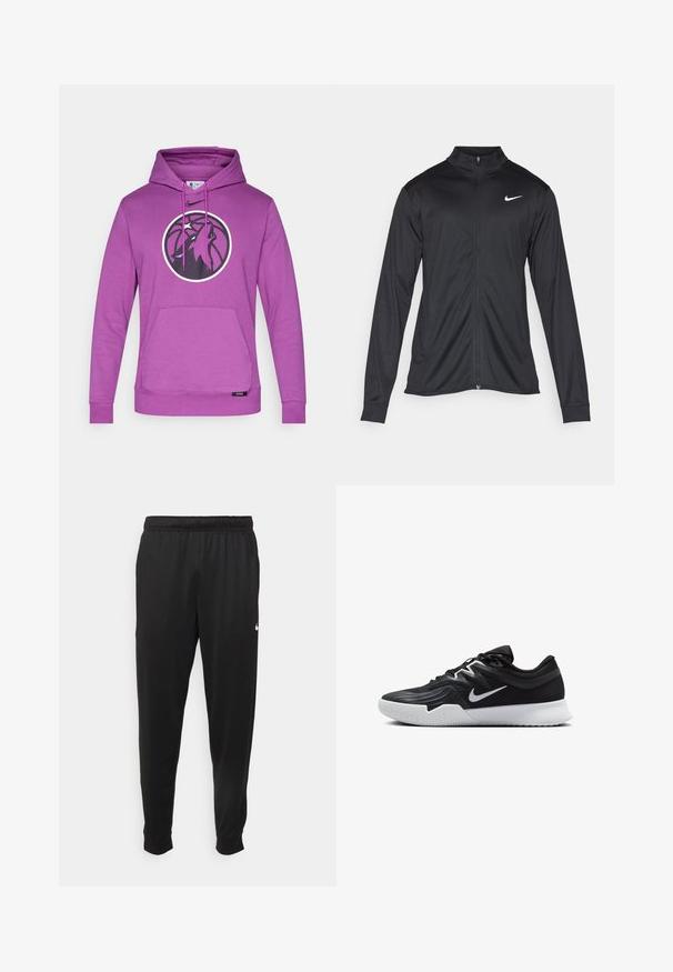 Jacket desportivo preto com mangas longas, colarinho e fecho zip completo. Apresenta um discreto logotipo da Nike em branco na parte superior do lado esquerdo do peito. Textura suave.; Sweatshirt roxo feito de tecido macio, com um logótipo circular em preto e branco com um design de pássaro, bolso canguru na frente e capuz com cordão.; Calças de desporto pretas feitas de tecido suave, com uma cintura elástica, pernas ajustadas e um pequeno logo branco no lado esquerdo.; Sapatilha atlética preta com um cabedal texturizado, swoosh branco da Nike e uma sola de borracha branca. Apresenta um design com atacadores e uma forma dinâmica.