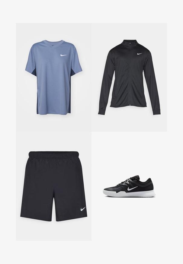 Svart idrottsjacka med långa ärmar, krage och full dragkedja. Har en diskret Nike-logga i vitt på övre vänstra bröstet. Slät yta.; Nike Performance TOP - T-shirt till träning - ashen slate/thunder blue/white; Svarta träningsshorts gjorda av lätt material med elastisk midja. Har en liten vit Nike-logotyp på nedre vänstra sidan.; Svarta träningsskor med en texturerad ovandel, vit Nike-logga och en vit gummisula. Har snörningsdesign och en dynamisk form.