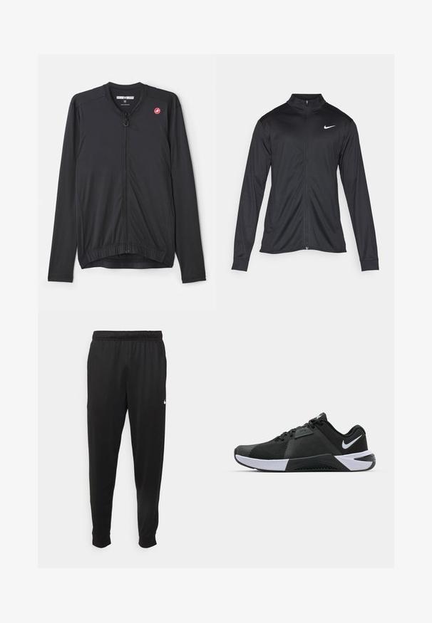 Črna atletska jakna z dolgimi rokavi, ovratnikom in polnim zadrgo. Vključuje diskreten bel Nike logotip na zgornjem levem delu prsnega koša. Gladka tekstura.; Črna kolesarska jakna z dolgimi rokavi, zadrgo spredaj in elastičnim spodnjim robom. Narejena iz lahkega, raztegljivega blaga z logotipom na prsih.; Črne športne hlače iz gladkega materiala, z elastičnim pasom, zoženimi hlačnicami in majhnim belim logotipom na levi strani.; Nike Performance METCON 10 - Trening copati - black/white/anthracite