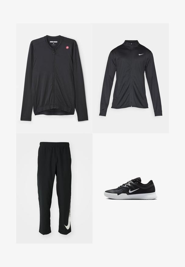 Veste de sport noire à manches longues, avec col et fermeture éclair intégrale. Présente un logo Nike subtil en blanc sur le côté supérieur gauche de la poitrine. Texture lisse.; Veste de cyclisme noire à manches longues, zip avant et ourlet élastique. Fabriquée en tissu léger et stretch avec un logo sur la poitrine.; Pantalons de sport noirs avec une ceinture élastique, design fuselé, dotés d'un grand logo Nike blanc sur la jambe gauche. Tissu doux et léger.; Chaussure de sport noire avec une tige texturée, un swoosh blanc de Nike et une semelle extérieure en caoutchouc blanc. Elle présente un design à lacets et une forme dynamique.
