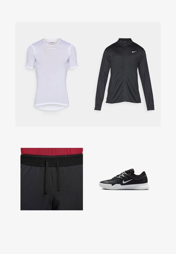 Sort atletisk jakke med lange ærmer, krave og fuld lynlås. Har et diskret Nike-logo i hvidt på den øverste venstre side af brystet. Glat tekstur.; Hvid kortærmet mesh skjorte med rund halsudskæring, der har en åndbar tekstur og et subtilt brandlogo over brystet.; Sorte atletiske bukser har en bred talje med en udvendig snor. Stoffet er glat med en let glans, og der er ingen synlige mønstre.; Sort atletiksko med en tekstureret overdel, hvid Nike swoosh og en hvid gummisål. Har en snørret design og dynamisk form.