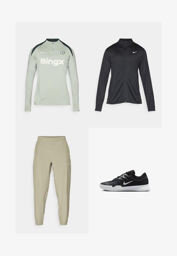 Black athletic jacket with long sleeves, collar, and full zipper. Features a subtle Nike logo in white on the upper left chest. Smooth texture.; Long-sleeve, light grey athletic shirt with black shoulder accents, zip collar, Nike logo, and 'Bingx' text on the front. Chelsea FC badge present.; Light beige jogger pants with an elastic waistband, cuffed ankles, and side pockets. Features a small white logo on the front.; Black athletic shoe with a textured upper, white Nike swoosh, and a white rubber outsole. Features a lace-up design and dynamic shape.