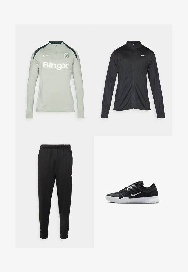 Must värvi sportlik jakk pikkade varrukatega, krae ja täispikk tõmblukk. Ülemises vasakus rinnas on diskreetne valge Nike logo. Sile tekstuur.; Pikad varrukad, heledast hallist sportlikust särgist mustade õlavarre aktsentidega, tõmblukuga krae, Nike logo ja 'Bingx' tekst ees. Chelsea FC embleem kohal.; Mustad mustekad athletic-püksid sujuvast kangast, elastse vöökoha, kitsenevate jalgade ja väikese valge logoga vasakul küljel.; Must mustad jalanikesad rikaste ülaservaga, valge Nike swoosh'i ja valge kummist välispõhjaga. Omab paeltega sulgemisdetaili ja dünaamilist kuju.