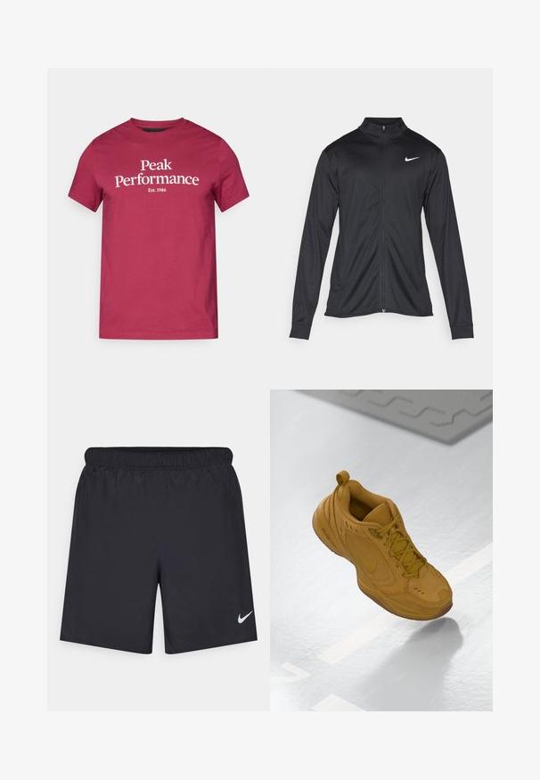 Fekete sportdzseki hosszú ujjal, gallérral és teljes cipzárral. Diszkrét fehér Nike logóval az upper bal mellen. Sima textúra.; Bordó pamut póló fehér felirattal: "Peak Performance" és "Est. 1986." Rövid ujjú és klasszikus kerek nyakú dizájn.; Fekete sportnadrág könnyű anyagból, rugalmas derékkal. A bal alsó oldalon egy kis fehér Nike-logó található.; Barna Nike sportcipő felfüggesztve a levegőben, látható Air talppal és fűzős résszel, egy tükröződő felületen, fehér vonalakkal.