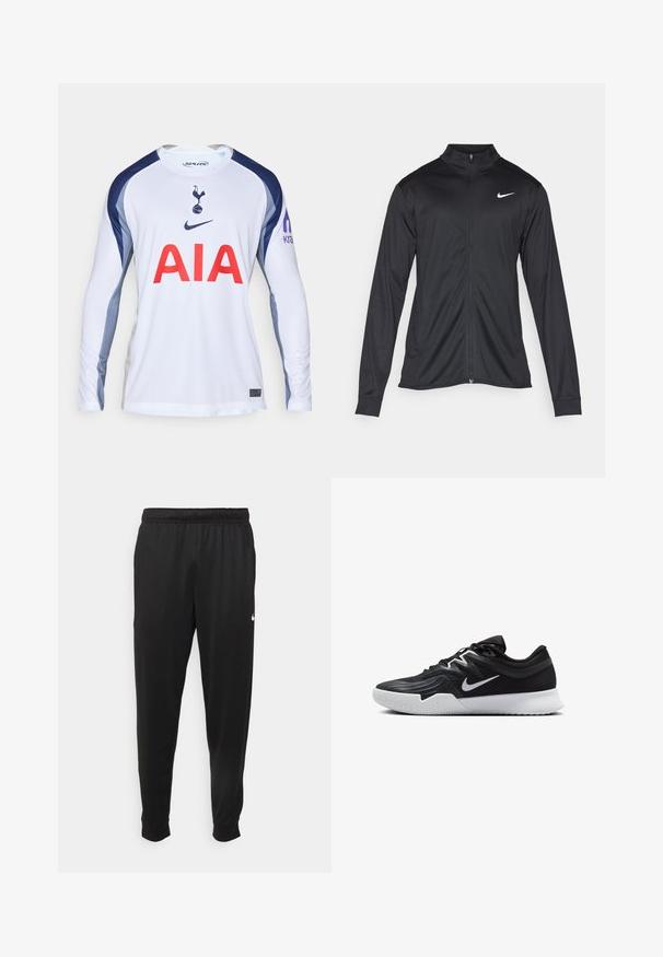 Zwarte sportjack met lange mouwen, kraag en volle rits. Voorzien van een subtiele Nike-logo in het wit op de bovenste linkerborst. Soepele textuur.; Witte longsleeve voetbalshirt met marineblauwe accenten, voorzien van het Tottenham Hotspur-logo en "AIA" in het rood op de voorkant.; Zwarte sportbroek gemaakt van gladde stof, met een elastische tailleband, taps toelopende pijpen en een klein wit logo aan de linkerzijde.; Zwarte sportieve schoen met een gestructureerde bovenkant, witte Nike swoosh en een witte rubberen zool. Beschikt over een veterontwerp en een dynamische vorm.