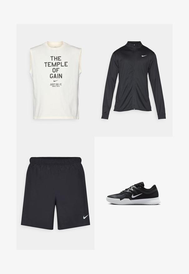 Crna sportska jakna s dugim rukavima, ovratnikom i punim patentnim zatvaračem. Ima suptilan Nike logo u bijeloj boji na gornjem lijevom dijelu prsne oznake. Glatka tekstura.; Nike Performance TEE GYM CULTURE - Majica kratkih rukava s printom - pale ivory; Crne atletske kratke hlače od laganog materijala s elastičnom tačkom. Imaju mali bijeli Nike logo na donjoj lijevoj strani.; Crna sportska cipela s teksturiranim gornjim dijelom, bijelim Nike swooshom i bijelim gumennim potplatom. Ima dizajn s vezanjem i dinamičan oblik.
