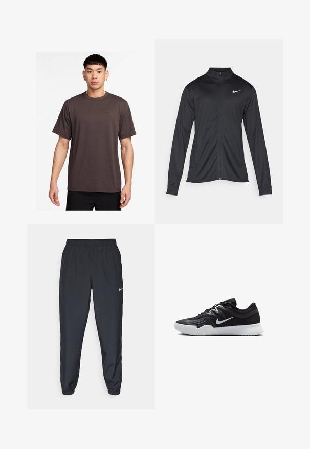 Musta urheilutakki pitkillä hihoilla, kauluksella ja kokonaisella vetoketjulla. Täydentää hienovarainen Nike-logo valkoisena vasemmassa ylärinnassa. Litteä pinta.; T-paita tummanruskeana lyhythihaisena, pyöreällä kaula-aukolla ja mustalla Nike-logolla rintapielessä. Kevyt kangas, jolla on sileä texture.; Mustat juoksuhousut, jotka on valmistettu kevyestä kankaasta, jossa on joustava vyötärö, nilkkasuut ja huomaamaton Nike-logo vasemmalla puolella.; Musta urheilukenkä, jossa on teksturoitu päällinen, valkoinen Nike-tikkaus ja valkoinen kumipohja. Kenkässä on nauhakuji ja dynaaminen muoto.