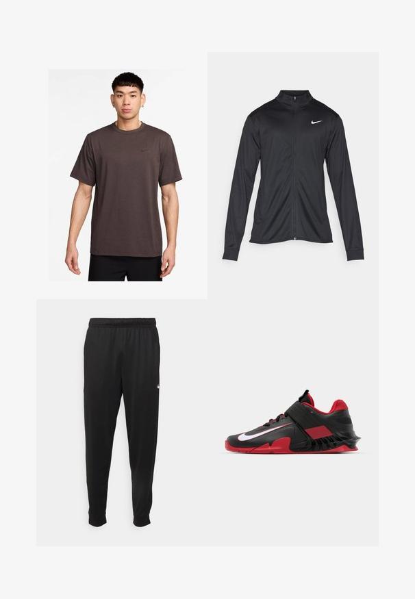 Must värvi sportlik jakk pikkade varrukatega, krae ja täispikk tõmblukk. Ülemises vasakus rinnas on diskreetne valge Nike logo. Sile tekstuur.; Tumepruun lühikeste varrukatega T-särk, millel on ümmargune kaelus ja must Nike logo rinna piirkonnas. Kerge kangas, mis on sileda tekstuuriga.; Mustad mustekad athletic-püksid sujuvast kangast, elastse vöökoha, kitsenevate jalgade ja väikese valge logoga vasakul küljel.; Mustvalged mustade ja punaste spordijalatsite libe disain, tekstureeritud võrgust pealisosa, tugev kummist tall ja silmapaistev valge logo aktsent.