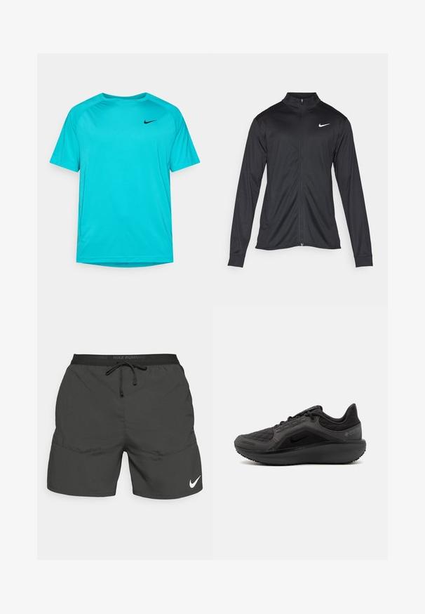 Fekete sportdzseki hosszú ujjal, gallérral és teljes cipzárral. Diszkrét fehér Nike logóval az upper bal mellen. Sima textúra.; Türkiz színű, rövid ujjú sportpóló, könnyű anyagból készült, kerek nyakkivágással, bal oldalon fekete Nike logóval.; Fekete futónadrág elasztikus derékpánttal, zsinórral, oldalsó zsebekkel és egy fehér Nike logóval a bal alsó lábszárnál.; Fekete sportcipő texturált, steppelt felsőrésszel, letisztult dizájnnal és fekete gumitalppal. Látható logójával és Gore-Tex felirattal rendelkezik.