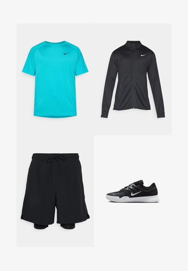 Crna sportska jakna s dugim rukavima, ovratnikom i punim patentnim zatvaračem. Ima suptilan Nike logo u bijeloj boji na gornjem lijevom dijelu prsne oznake. Glatka tekstura.; Tirkizna sportska majica kratkih rukava napravljena od lagane tkanine s okruglim izrezom i crnim Nike logom na lijevoj strani prsnog koša.; Crne sportske kratke hlače napravljene od lagane tkanine, s elastičnom waistline i vezicom, te prilagođenim unutarnjim hlačama.; Crna sportska cipela s teksturiranim gornjim dijelom, bijelim Nike swooshom i bijelim gumennim potplatom. Ima dizajn s vezanjem i dinamičan oblik.