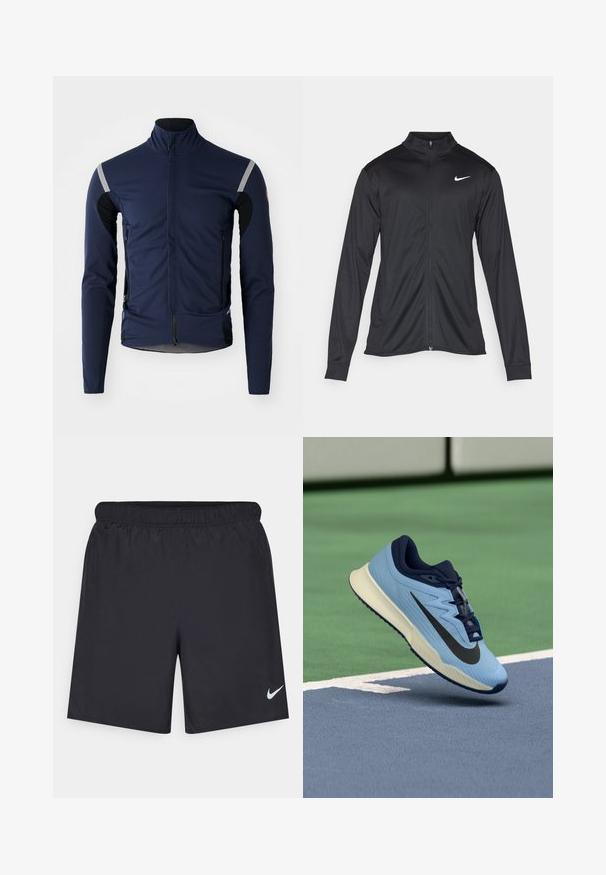 Juodas sportinis švarkas su ilgomis rankovėmis, apykakle ir pilnu užtrauktuku. Yra subtilus baltas Nike logotipas kairėje krūtinės pusėje. Lygus tekstūra.; Vyriška tamsiai mėlyna dviratininkų striukė su ilgomis rankovėmis, aukštu apykakle, užtrauktuku priekyje ir atspindinčiais akcentais ant pečių bei rankovių. Minkšta, tekstūruota medžiaga.; Juodos sportinės šortai, pagaminti iš lengvos medžiagos, su elastingu juosmeniu. Ant apatinės kairės pusės yra mažas baltas Nike logotipas.; Šviesiai mėlyna sportinė avalynė su tamsiai mėlynais akcentais, tekstūruota tinklelis viršutinėje dalyje ir juodu "Swoosh" logotipu. turi paminkštintą tarpinį padas ir guminį padas.