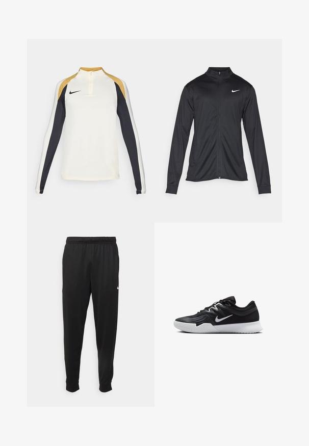 Musta urheilutakki pitkillä hihoilla, kauluksella ja kokonaisella vetoketjulla. Täydentää hienovarainen Nike-logo valkoisena vasemmassa ylärinnassa. Litteä pinta.; Pitkähihaiset urheilu-paita vaaleankreemissä mustilla ja kultaisilla yksityiskohdilla. Varustettu puolenvetoketjulla ja istuvalla muotoilulla urheilukäyttöön.; Mustat urheiluhousut, jotka on valmistettu sileästä kankaasta. Niissä on joustava vyötärö, kapenevat lahkeet ja pieni valkoinen logo vasemmalla puolella.; Musta urheilukenkä, jossa on teksturoitu päällinen, valkoinen Nike-tikkaus ja valkoinen kumipohja. Kenkässä on nauhakuji ja dynaaminen muoto.