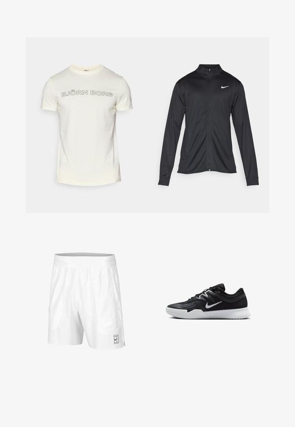 Fekete sportdzseki hosszú ujjal, gallérral és teljes cipzárral. Diszkrét fehér Nike logóval az upper bal mellen. Sima textúra.; Krém színű, rövid ujjú pamut póló, amelyen vastag fekete betűkkel a "BJÖRN BORG" felirat található a mellkason, kerekített betűtípussal.; Fehér sportnadrág rugalmas derékkal, két oldalsó zsebbel és egy kis fekete logó részlettel az alsó elején. Sima textúra.; Fekete sportcipő texturált felsőrésszel, fehér Nike logóval és fehér gumitalppal. Fűzős kialakítással és dinamikus formával rendelkezik.