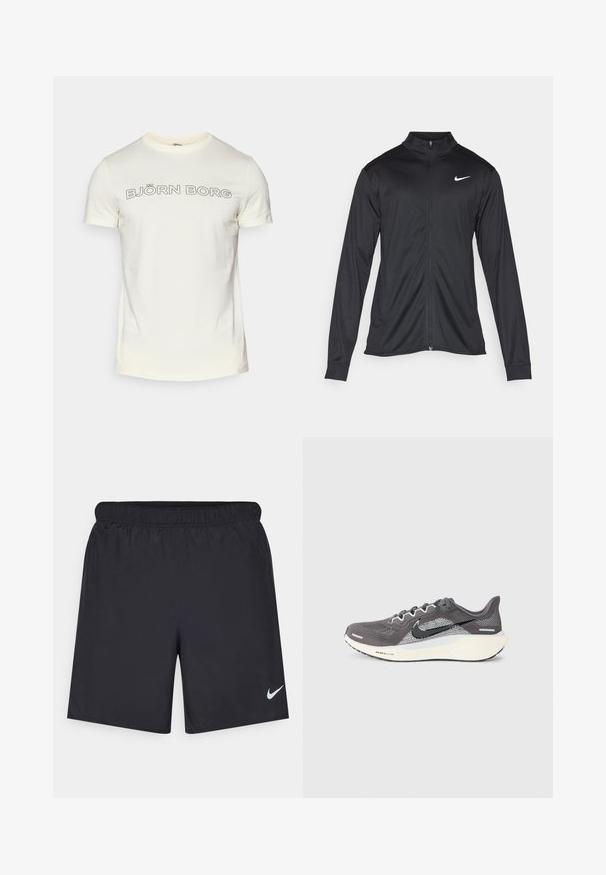 Jachetă sportivă neagră cu mâneci lungi, guler și fermoar complet. Prezintă un logo Nike subtil, alb, pe pieptul din stânga sus. Textură netedă.; Tricou din bumbac de culoare crem, cu mâneci scurte, având textul bold de culoare neagră „BJÖRN BORG” pe piept, scris cu un font rotunjit.; Pantaloni scurți atletici negri, fabricați dintr-un material ușor, cu un talie elastică. Au un mic logo alb Nike în partea stângă jos.; Pantofi de alergare Nike Air Zoom gri și albi cu logo-ul Swoosh negru și talpă albă, pe un fundal simplu deschis.