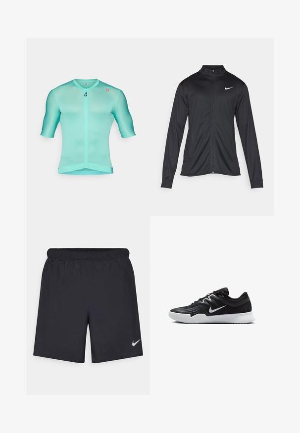 Czarna sportowa kurtka z długimi rękawami, kołnierzem i pełnym zamkiem. Posiada subtelne logo Nike w białym kolorze na lewej górnej części klatki piersiowej. Gładka tekstura.; Koszulka kolarska z krótkim rękawem w jasnym odcieniu aqua, wykonana z gładkiego, oddychającego materiału z zamkiem z przodu i płaskimi szwami dla maksymalnego komfortu.; Czarne spodenki sportowe wykonane z lekkiego materiału, z elastycznym pasem. Posiadają małe białe logo Nike na dolnej lewej stronie.; Czarne buty sportowe z teksturowaną cholewką, białym logo Nike i białą gumową podeszwą. Charakteryzują się sznurowanym zapięciem i dynamicznym kształtem.