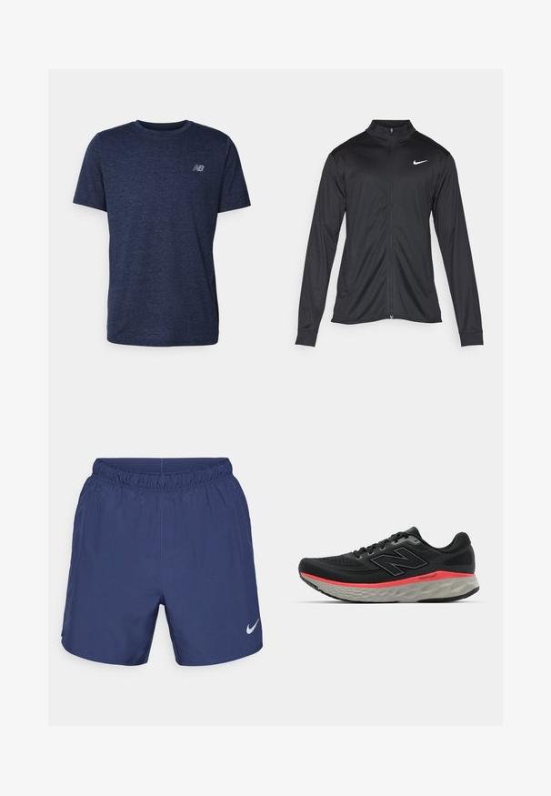 Juodas sportinis švarkas su ilgomis rankovėmis, apykakle ir pilnu užtrauktuku. Yra subtilus baltas Nike logotipas kairėje krūtinės pusėje. Lygus tekstūra.; Tamsiai mėlynas medvilninis marškinėliai trumpomis rankovėmis, apvaliu iškirpimu ir maža pilka logotipu viršutinėje kairėje krūtinės dalyje. Minkšta, tekstūruota medžiaga.; Tamsiai mėlynos sportinės šortai, pagaminti iš lengvos medžiagos. Juosma su elastiniu diržu ir maža balta Nike logotipu kairėje apatinėje pusėje.; Juoda bėgimo batelis su tinklelio viršumi, akcentuotas rožiniu vidiniu padų juosta ir pilku padu. Yra tekstūruoti detalės ir lankstus pado dizainas.