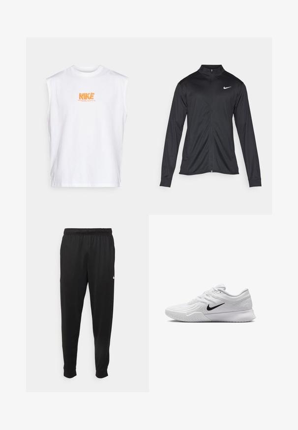 Černá sportovní bunda s dlouhými rukávy, límcem a plným zipem. Má decentní bílou logo značky Nike na horní levé části hrudi. Hladká textura.; Bílá bezrukávová bavlněná košile s oranžově vyšitým logem "NIKE" a textem "VÍTĚZSTVÍ PATŘÍ NÁM" pod ním.; Černé sportovní kalhoty vyrobené z hladké tkaniny, s elastickým pasem, zúženými nohavicemi a malým bílým logem na levé straně.; Bílá sportovní obuv s texturovaným síťovaným svrchním materiálem, černým logem Nike, polstrovaným límcem a gumovou podrážkou s vzorkem na běhání.