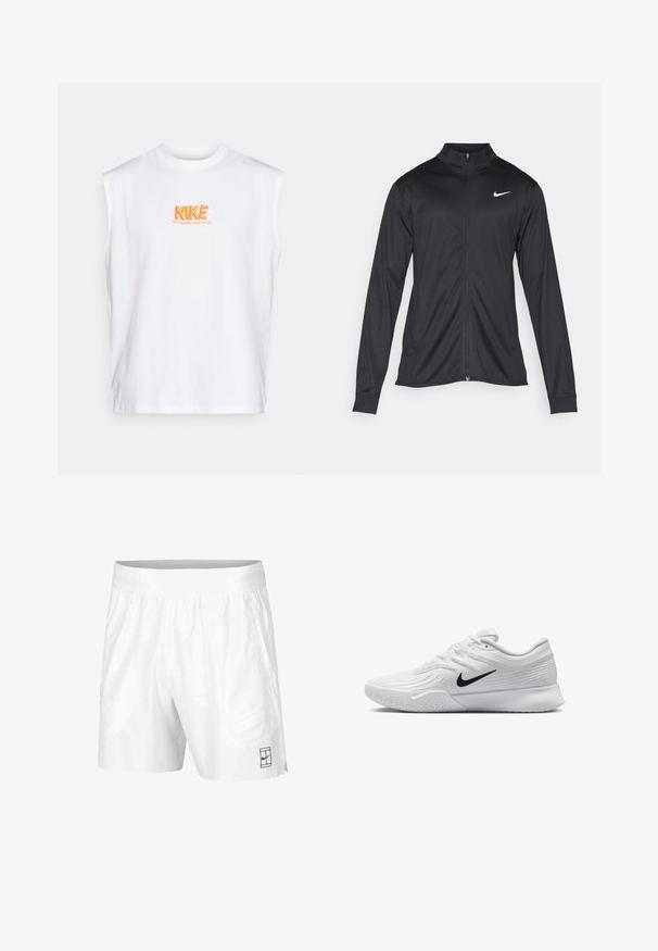 Jachetă sportivă neagră cu mâneci lungi, guler și fermoar complet. Prezintă un logo Nike subtil, alb, pe pieptul din stânga sus. Textură netedă.; Cămașă albă din bumbac, fără mâneci, cu un logo brodat portocalie "NIKE" și textul "VICTORIA NE APARTINE" dedesubt.; Pantaloni scurți albi de atletism realizați dintr-un material ușor, cu un brad elastic la talie, având două buzunare laterale și un mic logo negru pe tiv.; Pantofii atletici albi cu parte superioară din plasă texturată, swoosh-ul Nike negru, guler căptușit și talpă din cauciuc cu un model de profil.