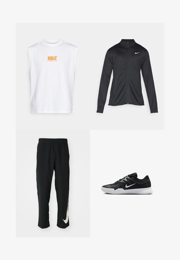 Μαύρο αθλητικό μπουφάν με μακριά μανίκια, γιακά και πλήρη φερμουάρ. Διαθέτει ένα διακριτικό λευκό λογότυπο της Nike στη πάνω αριστερή πλευρά του στήθους. Λείος υφασμάτινος χαρακτήρας.; Λευκό αμάνικο βαμβακερό μπλουζάκι με πορτοκαλί κεντητό λογότυπο "NIKE" και το κείμενο "Η ΝΙΚΗ ΜΑΣ ΑΝΗΚΕΙ" από κάτω.; Μαύρο αθλητικό παντελόνι με ελαστική μέση, σχεδίαση που στενεύει, με ένα μεγάλο λευκό λογότυπο Nike στο αριστερό πόδι. Λεπτό, ελαφρύ ύφασμα.; Μαύρο αθλητικό παπούτσι με υφή στο επάνω μέρος, λευκό σήμα Nike και λευκή καουτσούκ σόλα. Διαθέτει σχέδιο με κορδόνια και δυναμικό σχήμα.