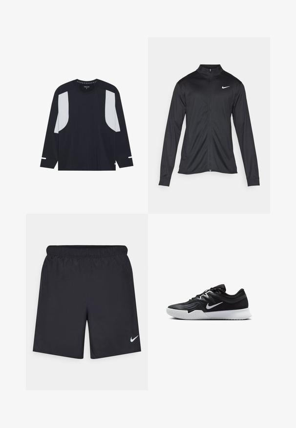 Μαύρο αθλητικό μπουφάν με μακριά μανίκια, γιακά και πλήρη φερμουάρ. Διαθέτει ένα διακριτικό λευκό λογότυπο της Nike στη πάνω αριστερή πλευρά του στήθους. Λείος υφασμάτινος χαρακτήρας.; Μακρυμάνικη αθλητική μπλούζα σε ναυτικό μπλε με ανοιχτό γκρι διχτυωτές επενδύσεις στους ώμους, στρογγυλή λαιμόκοψη και διακριτικές λευκές λεπτομέρειες στα μανίκια. Μαλακό, αναπνεύσιμο ύφασμα.; Μαύρες αθλητικές βερμούδες από ελαφρύ υλικό με ελαστική μέση. Διαθέτουν ένα μικρό λευκό λογότυπο Nike στην κάτω αριστερή πλευρά.; Μαύρο αθλητικό παπούτσι με υφή στο επάνω μέρος, λευκό σήμα Nike και λευκή καουτσούκ σόλα. Διαθέτει σχέδιο με κορδόνια και δυναμικό σχήμα.