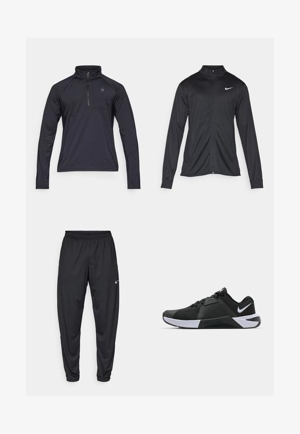 Jacket desportivo preto com mangas longas, colarinho e fecho zip completo. Apresenta um discreto logotipo da Nike em branco na parte superior do lado esquerdo do peito. Textura suave.; Pullover preto de manga longa e fecho de zip de um quarto, feito de um tecido leve e texturizado. Apresenta um pequeno bolso no peito e um logótipo bordado.; Calças de atletismo pretas com um cós elástico, pernas afuniladas e um pequeno logo branco da Nike na coxa esquerda. Tecido liso, sem padrões.; Nike Performance METCON 10 - Sapatilha de treino - black/white/anthracite