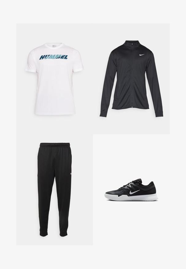 Svart idrottsjacka med långa ärmar, krage och full dragkedja. Har en diskret Nike-logga i vitt på övre vänstra bröstet. Slät yta.; Vit bomull T-shirt med stort marinblått och teal "HUMMEL"-logotyp på framsidan i en modern stil. Korta ärmar och design med rund hals.; Svarta träningsbyxor i slät tyg, med elastisk midja, avsmalnande ben och en liten vit logotyp på vänster sida.; Svarta träningsskor med en texturerad ovandel, vit Nike-logga och en vit gummisula. Har snörningsdesign och en dynamisk form.
