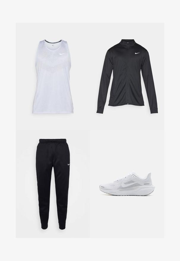 Must värvi sportlik jakk pikkade varrukatega, krae ja täispikk tõmblukk. Ülemises vasakus rinnas on diskreetne valge Nike logo. Sile tekstuur.; Valge Nike tank top ümmarguse kaelusega, ilma varrukateta ja tekstuuriga mustriga ees, millel on väike logo õla lähedal.; Mustad mustad Nike'i sportpüksid elastse vöökohaga, kitsenevad jalad ja diskreetne logo aksent. Valmistatud siledast kangast koos lihtsa disainiga.; Valge sportlik king, millel on võrgust pealne osa, sujuva tekstuuriga kattekiht, hallid aktsendid, sidemed ja pehmendatud tald, mis on mõeldud sooritusvõime jaoks.