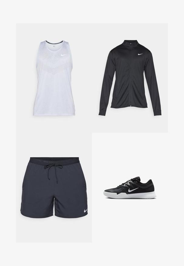 Giacca sportiva nera con maniche lunghe, colletto e zip completa. Presenta un logo Nike in bianco sulla parte superiore del lato sinistro del petto. Tessuto morbido.; Canotta bianca Nike con collo rotondo, design senza maniche e motivo a trama sulla parte frontale, con un piccolo logo vicino alla spalla.; Shorts da running Nike, grigio scuro, vita elastica con cordino, tasche laterali, tessuto leggero, con il logo Nike bianco sull'orlo inferiore.; Scarpa sportiva nera con tomaia testurizzata, logo Nike swoosh bianco e suola in gomma bianca. Presenta un design con lacci e una forma dinamica.