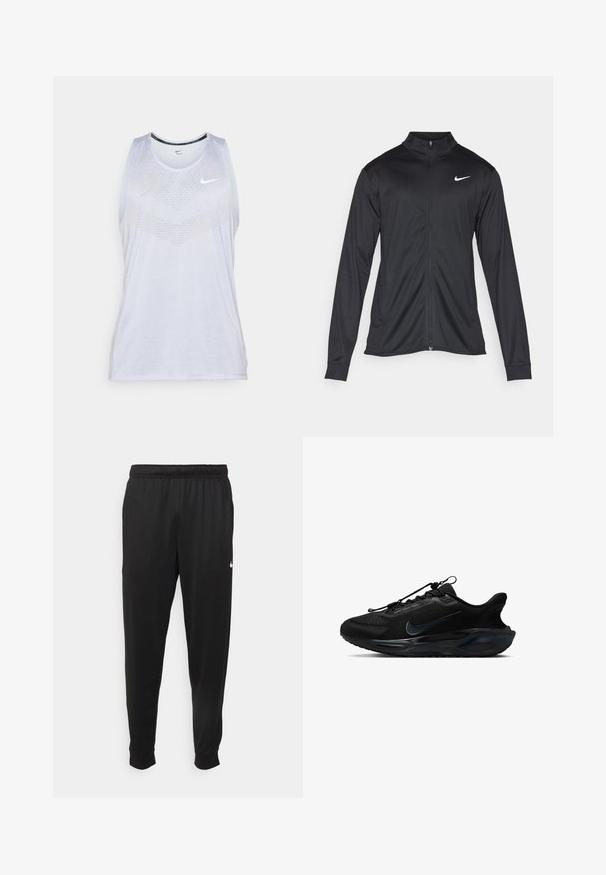 Črna atletska jakna z dolgimi rokavi, ovratnikom in polnim zadrgo. Vključuje diskreten bel Nike logotip na zgornjem levem delu prsnega koša. Gladka tekstura.; Bela Nike majica brez rokavov z okroglim ovratnikom, zasnovana s strukturirano obliko spredaj, z majhnim logotipom blizu rame.; Črne športne hlače iz gladkega materiala, z elastičnim pasom, zoženimi hlačnicami in majhnim belim logotipom na levi strani.; Črne športne čevlje z teksturiranim mrežastim zgornjim delom, gladkimi poudarki in značilnim logotipom Nike. Imajo oblazinjen podplat in elastične vezalke.