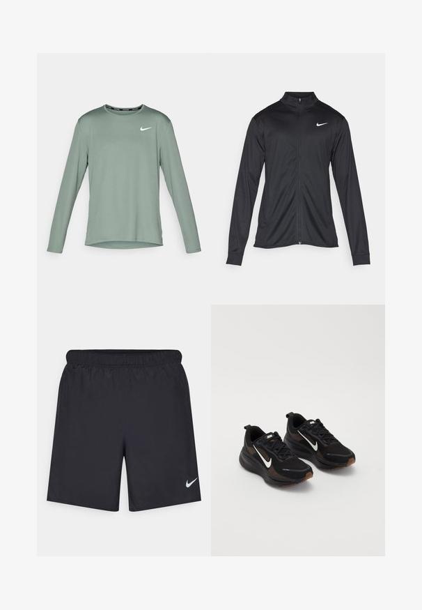 Black athletic jacket with long sleeves, collar, and full zipper. Features a subtle Nike logo in white on the upper left chest. Smooth texture.; Long-sleeve athletic shirt in muted green fabric, featuring a round neckline and a white Nike logo on the left chest. Smooth texture.; Black athletic shorts made of lightweight material with an elastic waistband. Features a small white Nike logo on the lower left side.; Black athletic shoes with a breathable mesh upper, white Nike swoosh, textured sole, and contrasting brown accents. Includes reinforced heel.
