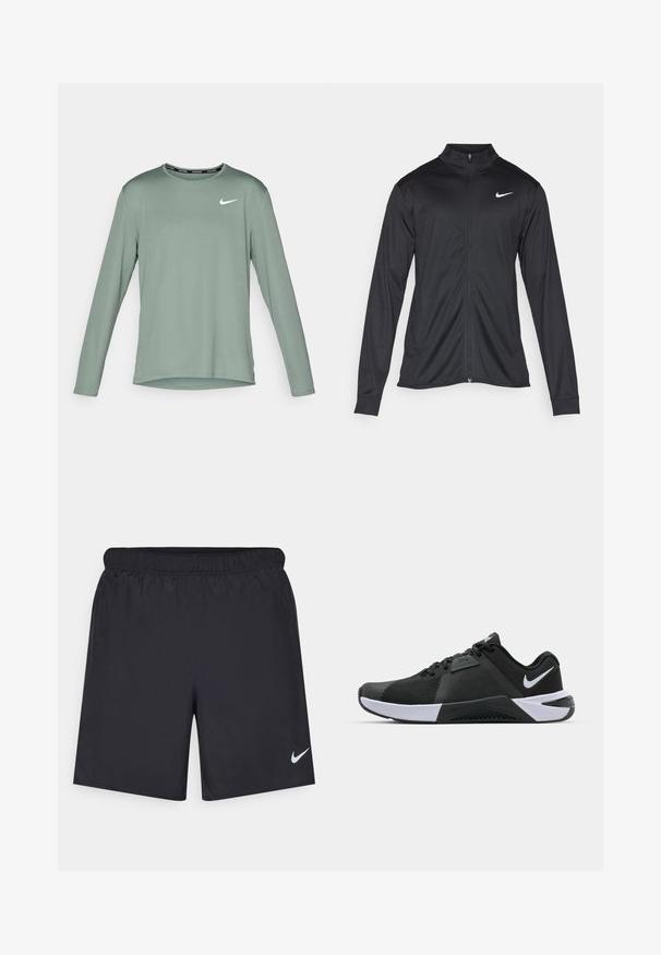 Melna sporta jaka ar garām piedurknēm, apkakli un pilnu rāvējslēdzēju. Uz kreisā krūts augšdaļas ir maigs Nike logo baltā krāsā. Gluda tekstūra.; Ilga piedurkne sporta krekls neitrālā zaļā audumā, ar apaļu apkakli un baltu Nike logo kreisajā krūtī. Gluda tekstūra.; Melnas sporta šorti, izgatavoti no viegla materiāla, ar elastīgu jostu. Uz apakšējā kreisā stūra ir neliels balts Nike logo.; Nike Performance METCON 10 - Treniņkurpes - black/white/anthracite