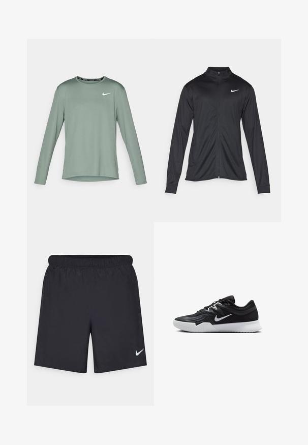 Juodas sportinis švarkas su ilgomis rankovėmis, apykakle ir pilnu užtrauktuku. Yra subtilus baltas Nike logotipas kairėje krūtinės pusėje. Lygus tekstūra.; Ilgų rankovių sportinis marškinėliai, pagaminti iš matinės žalios medžiagos, su apvaliu iškirpimu ir baltu Nike logotipu kairėje krūtinės pusėje. Lygi tekstūra.; Juodos sportinės šortai, pagaminti iš lengvos medžiagos, su elastingu juosmeniu. Ant apatinės kairės pusės yra mažas baltas Nike logotipas.; Juodos sportinės bateliai su tekstūruota viršutine dalimi, balta Nike swoosh ir balta gumine išorine dalimi. Yra su raištelių užsegimo dizainu ir dinamine forma.