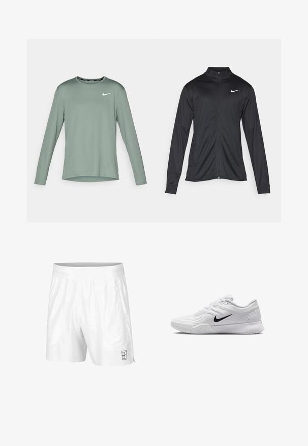 Must värvi sportlik jakk pikkade varrukatega, krae ja täispikk tõmblukk. Ülemises vasakus rinnas on diskreetne valge Nike logo. Sile tekstuur.; Pikkade varrukatega spordipaita tuhmrohelises kangas, ringikujulise kaelusega ja valge Nike logo vasakul rinnal. Sile tekstuur.; Valged spordilühikesed püksid, mis on valmistatud kergest kangast, elastse vöökoha ja kahe küljetaskuga. Hemmi peal on väike must logo.; Valge spordijalats, millel on tekstuuriga mesh-ülemine osa, must Nike swoosh, pehmendatud krae ja kummist tald, millel on mustritrepp.