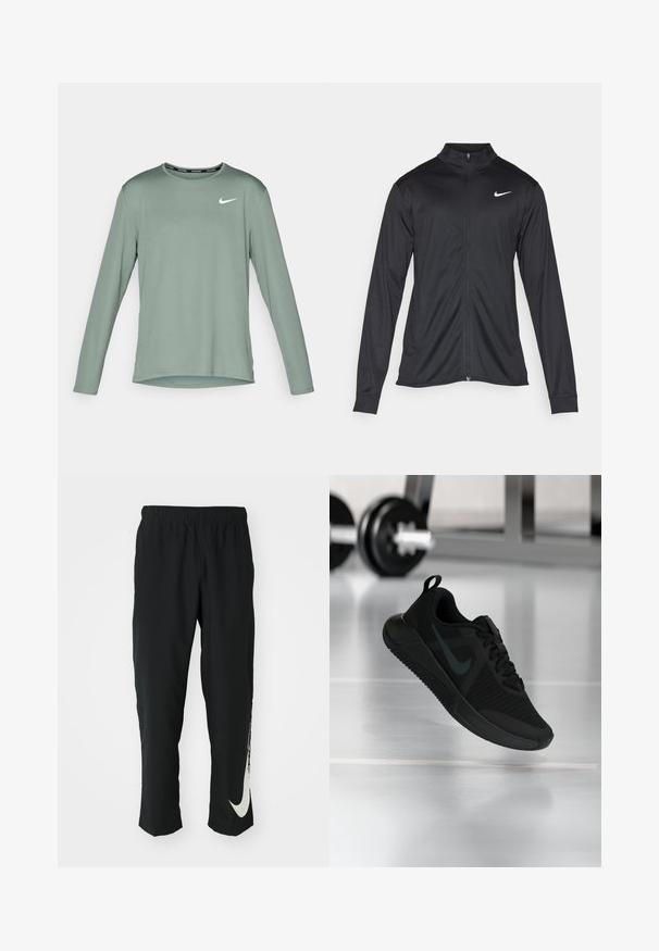 Černá sportovní bunda s dlouhými rukávy, límcem a plným zipem. Má decentní bílou logo značky Nike na horní levé části hrudi. Hladká textura.; Dlouhý rukáv sportovního trička v tlumené zelené barvě, s kulatým výstřihem a bílým logem Nike na levé části hrudi. Hladká textura.; Černé sportovní kalhoty s elastickým páskem, zúženým střihem, se velkým bílým logem Nike na levé nohavici. Měkká, lehká tkanina.; Černá sportovní obuv s texturovaným síťovaným svrškem, gumovou podrážkou a výrazným tmavým logem Swoosh. Má polstrovaný límec a šněrovací design.