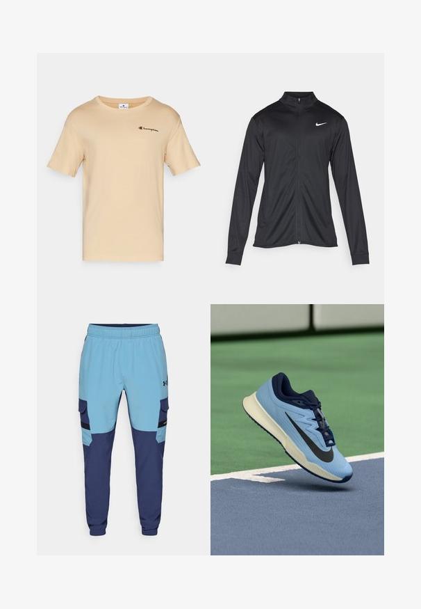 Svart idrettsjakke med lange ermer, krage og full glidelås. Har en subtil Nike-logo i hvitt på øvre venstre bryst. Glatt tekstur.; Beige bomull T-skjorte med rund hals, korte ermer og en liten brodert "Champion"-logo i rødt og svart på brystet.; Blå og marineblå joggebukser med elastisk midjebånd, sidelommer og cargo-lignende detaljer. Laget av myk, pustende stoff.; Lys blå idrettssko med marineblå detaljer, teksturert mesh-overdel og svart Swoosh-logo. Har en polstret midtsåle og gummisåle.