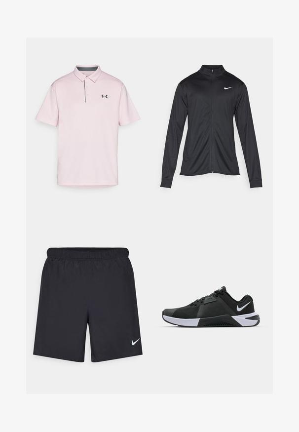 Zwarte sportjack met lange mouwen, kraag en volle rits. Voorzien van een subtiele Nike-logo in het wit op de bovenste linkerborst. Soepele textuur.; Roze polo shirt van gestructureerde stof, met een kraag, twee knopen en een donkergrijze accent bij de kraag en een zwart logo op de borst.; Zwarte sportshorts gemaakt van lichtgewicht materiaal met een elastische tailleband. Voorzien van een klein wit Nike-logo aan de onderzijde aan de linkerkant.; Nike Performance METCON 10 - Trainingsschoen - black/white/anthracite