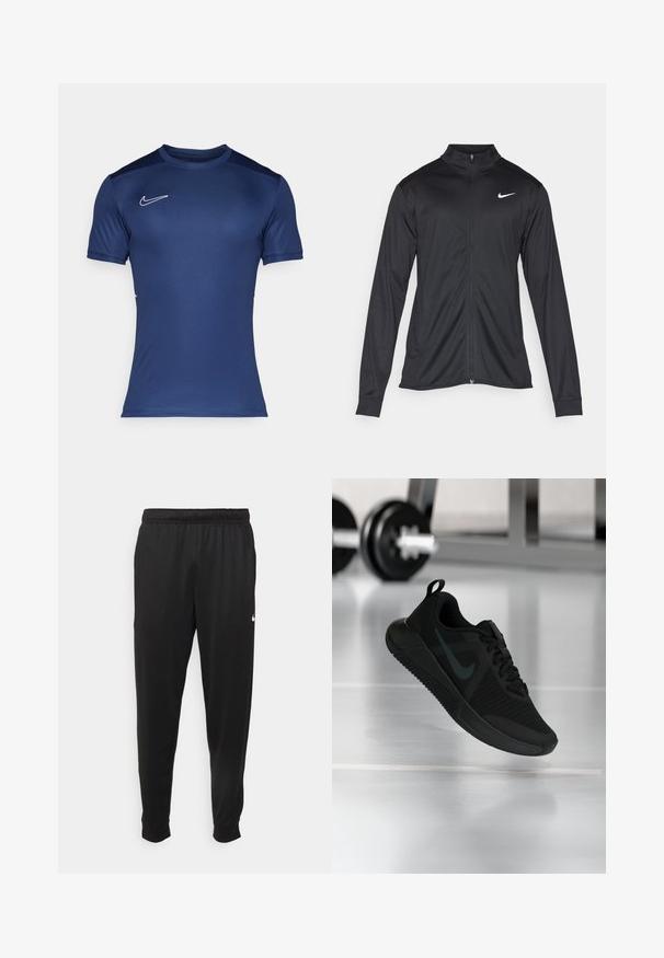 Fekete sportdzseki hosszú ujjal, gallérral és teljes cipzárral. Diszkrét fehér Nike logóval az upper bal mellen. Sima textúra.; Tengerészkék, rövid ujjú sportpóló sima anyagból. Bal felső mellrészen fehér Nike logóval és kontrasztos válltöméssekkel rendelkezik.; Fekete sportos nadrág sima anyagból, rugalmas derékkal, szűkülő lábakkal és egy kis fehér logóval a bal oldalon.; Fekete sportcipő texturált hálós felsőrésszel, gumitalppal és jól látható sötét Swoosh logóval. Párnázott szegéllyel és fűzős kialakítással rendelkezik.