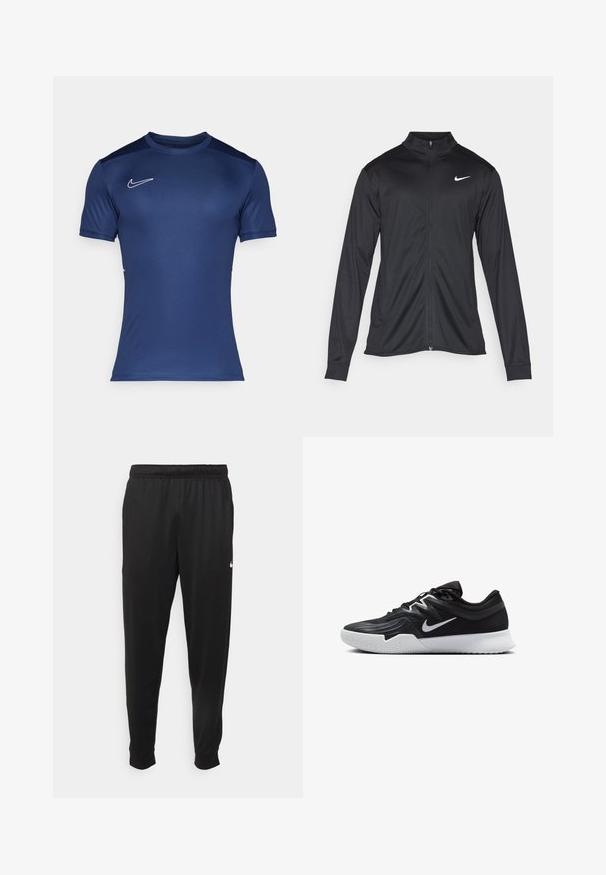 Čierna športová bunda s dlhými rukávmi, golierom a plným zipsom. Obsahuje nenápadné logo Nike v bielej farbe na hornej ľavej hrudi. Hladká textúra.; Námornícky modré tričko s krátkym rukávom vhodné na šport vyrobené z hladkej tkaniny. Na hornej ľavej časti hrude sa nachádza biele logo Nike a ramená sú v kontrastnej farbe.; Čierne športové nohavice z hladkej tkaniny, s elastickým pásom, zužujúcimi sa nohavicami a malým bielym logom na ľavej strane.; Čierna športová topánka s textúrovaným zvrškom, bielym logom Nike a bielou gumovou podrážkou. Má šnurovací dizajn a dynamický tvar.