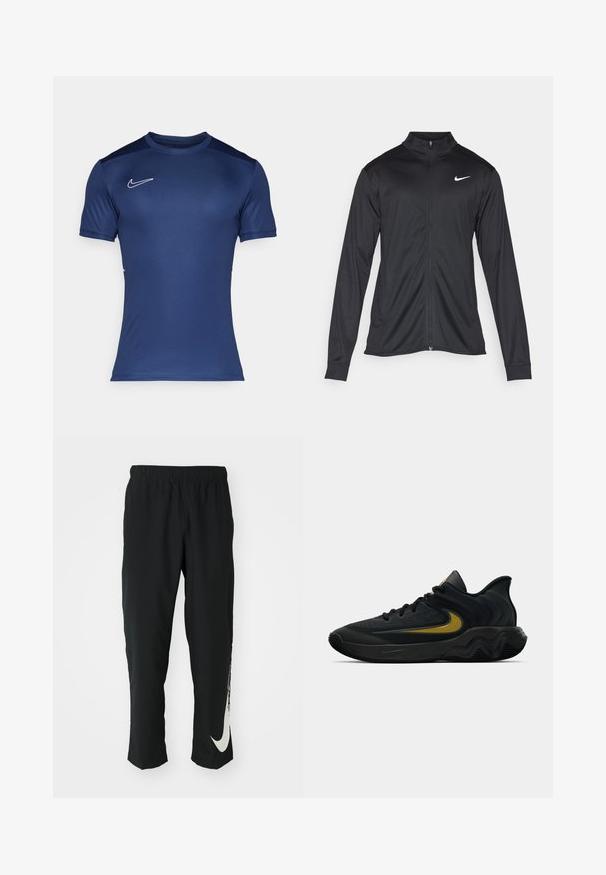 Černá sportovní bunda s dlouhými rukávy, límcem a plným zipem. Má decentní bílou logo značky Nike na horní levé části hrudi. Hladká textura.; Námořnická modrá sportovní tričko s krátkým rukávem vyrobené z hladké tkaniny. Má bílé logo Nike na levé horní části hrudi a kontrastní ramena.; Černé sportovní kalhoty s elastickým páskem, zúženým střihem, se velkým bílým logem Nike na levé nohavici. Měkká, lehká tkanina.; Černá a tmavě šedá sportovní obuv s černými tkaničkami a zlatým logem ve tvaru síťoviny, s vlnitým designem podrážky a polstrovaným límcem kolem paty.